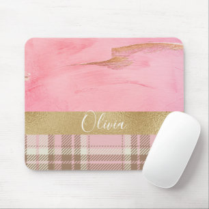 Gold Pink Plaid Abstract Watercolor Name Mouse Mat
