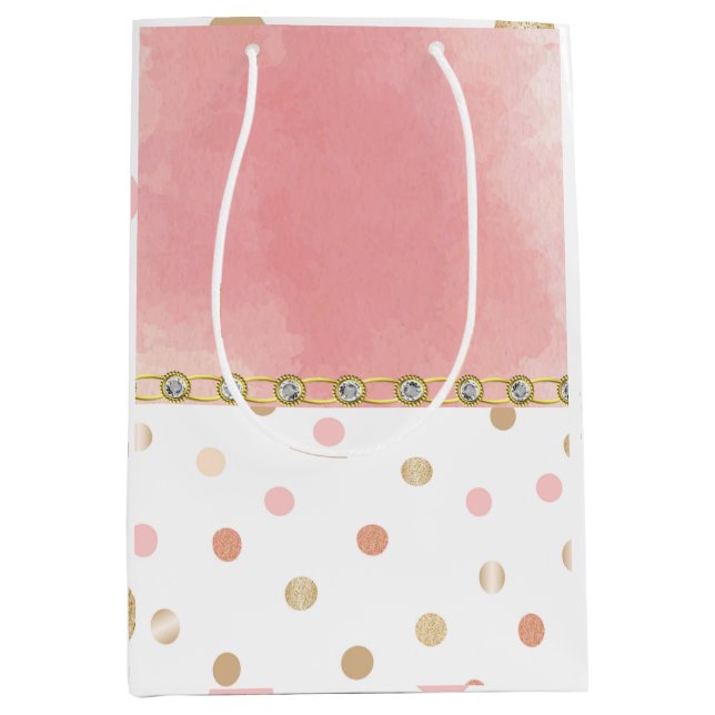 Gold, Pink, Polkadot, Pastel, Girly, Sweet, Chic Medium Gift Bag (Front)
