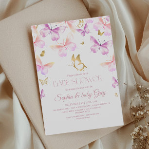 Gold Pink Purple Butterfly Baby Shower Invitation