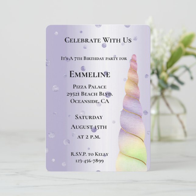 Gold Pink Purple Dots Lime Unicorn Birthday  Invitation (Standing Front)