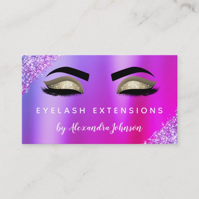 Gold Pink Purple Glitter Eyelash Extensions Business Card (Front)
