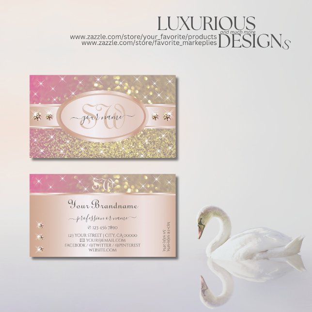 Gold Pink Purple Glitter Rhinestones Initials Rose Business Card (Creator Uploaded)
