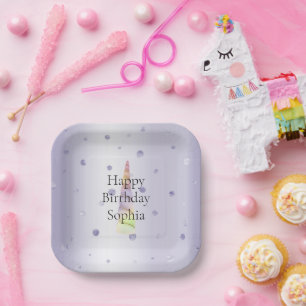 Gold Pink Purple Lime Dots Unicorn Birthday Paper Plate