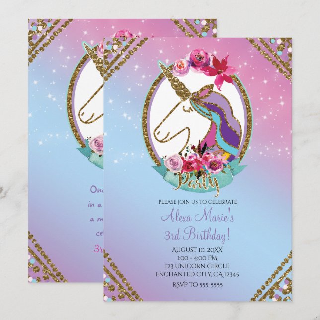 Gold Pink Purple Magical Unicorn Birthday Party Invitation (Front/Back)