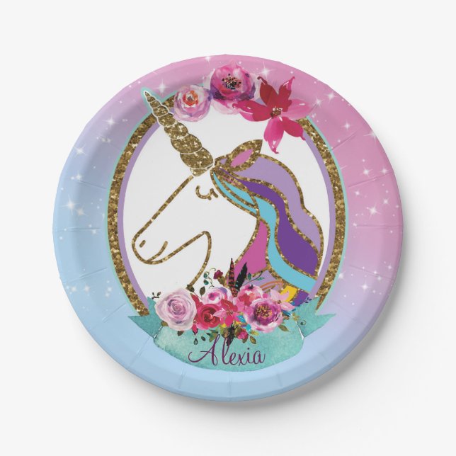 Gold Pink Purple Magical Unicorn Birthday Party Paper Plate (Front)