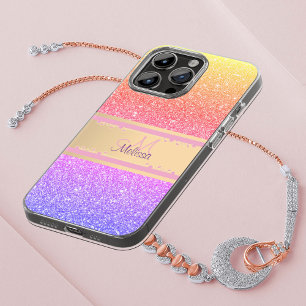 Gold Pink Purple Ombre Glittery Glam Name Monogram Case-Mate iPhone 14 Pro Max Case