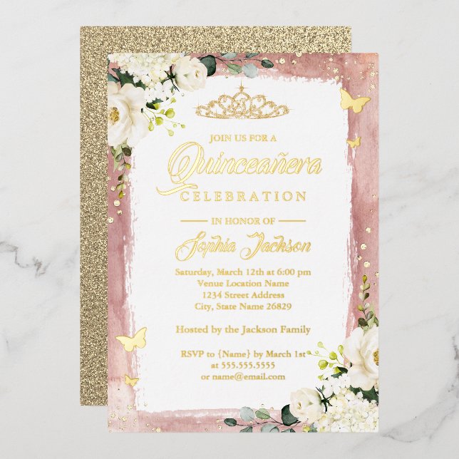 Gold Pink Quinceanera Floral Sparkle Tiara (Front/Back)