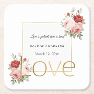 Gold Pink Red Roses Floral Gold Love Wedding Square Paper Coaster