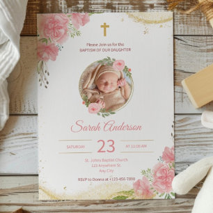 Gold Pink Rose Floral Photo Baptism Christening Invitation