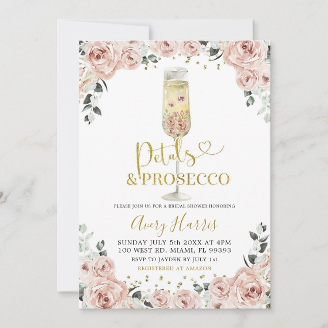 Gold Pink Rose Petals & Prosecco Bridal Shower Invitation (Front)