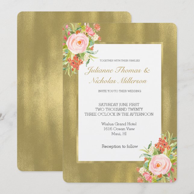 Gold Pink Rose Wedding Invitation (Front/Back)