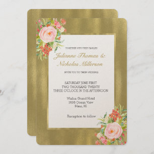 Gold Pink Rose Wedding Invitation