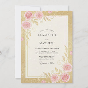 Gold Pink Rosebud Wedding Invitation