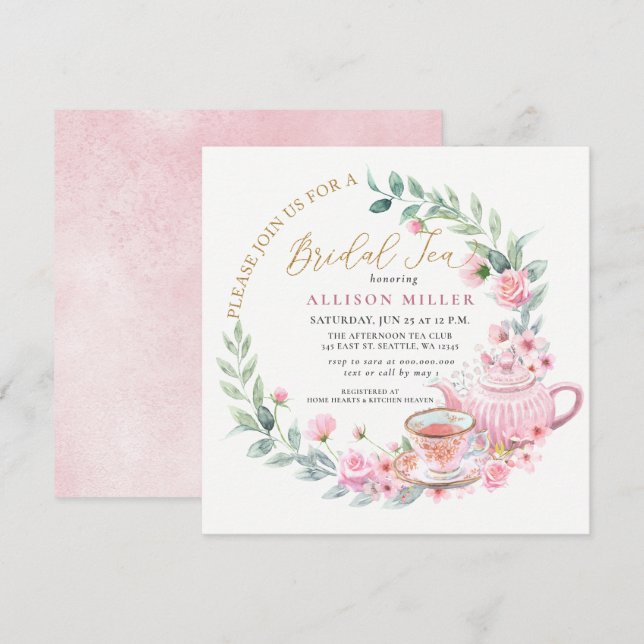 Gold Pink Roses Floral Tea Party Bridal Shower  Invitation (Front/Back)