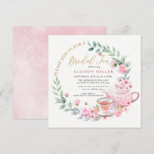 Gold Pink Roses Floral Tea Party Bridal Shower  Invitation