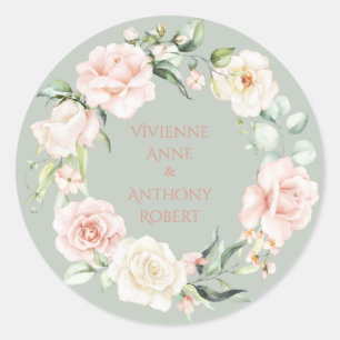 Gold Pink Sage Green Floral Names Wedding Classic Round Sticker
