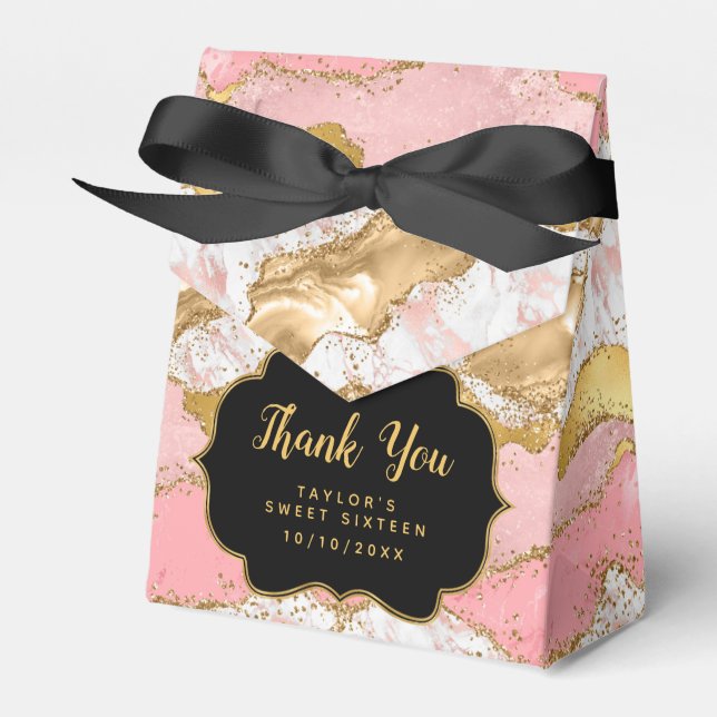 Gold Pink Sequins Agate Sweet Sixteen Thank You Favour Box (Front Side)