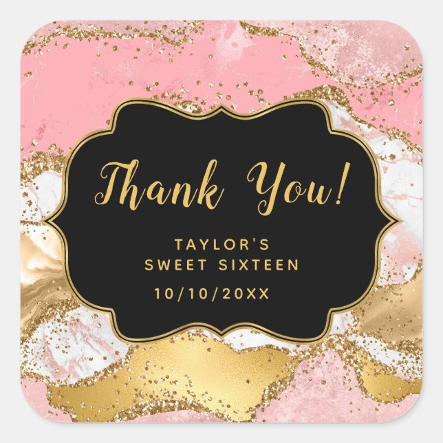 Gold Pink Sequins Agate Sweet Sixteen Thank You Square Sticker (Front)
