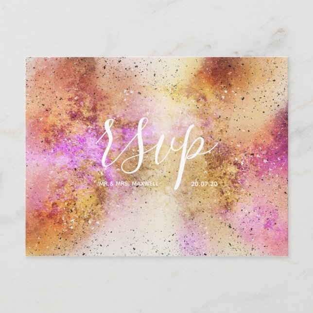 Gold Pink Sky Watercolour Wedding Rsvp Postcard (Front)