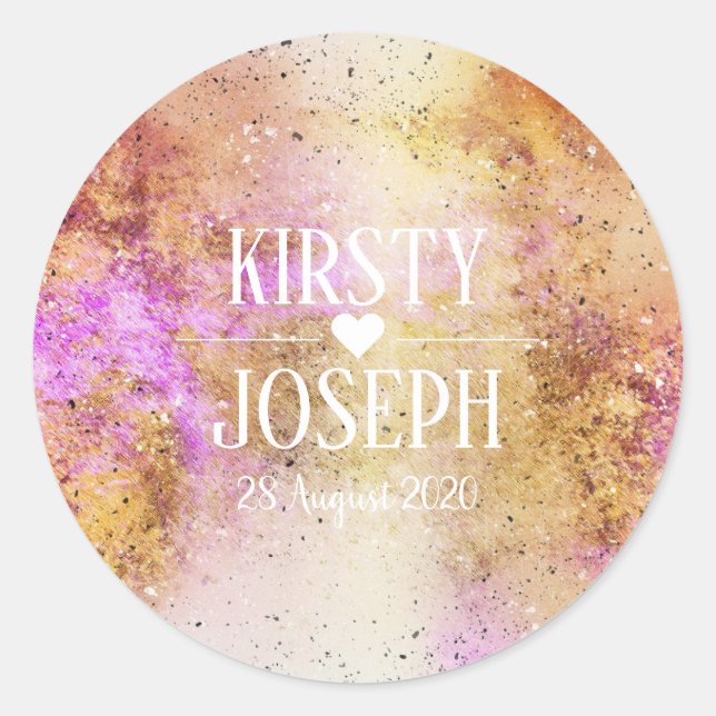 Gold Pink Sky Watercolour Wedding Sticker (Front)