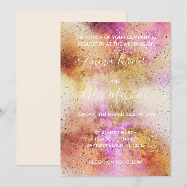 Gold Pink Sky Wedding Invitation Script Postcard (Front/Back)
