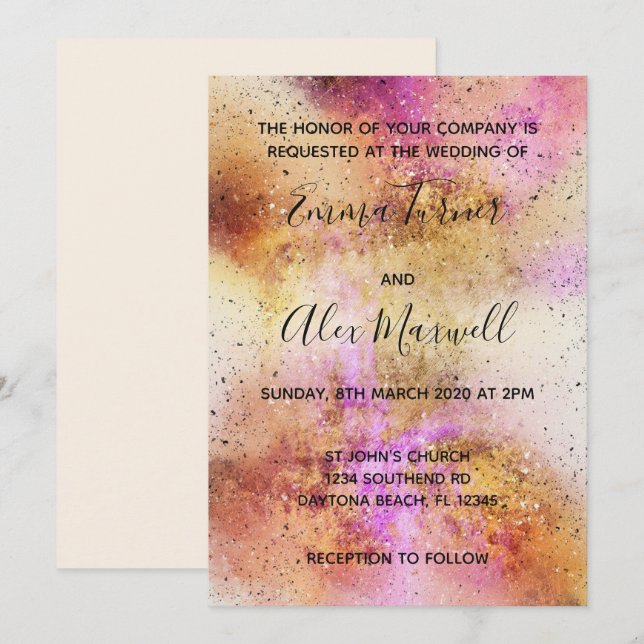 Gold Pink Sky Wedding Invitation Script Postcard (Front/Back)