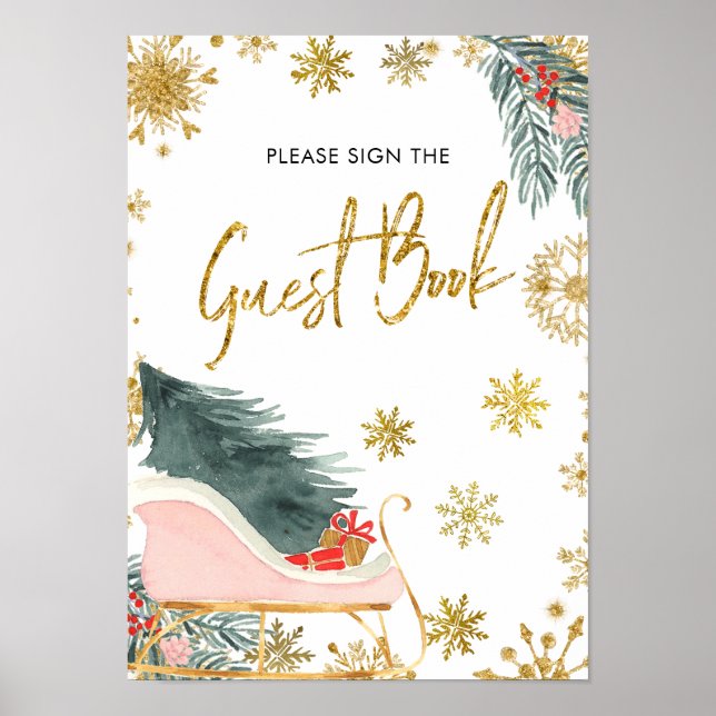 Gold Pink Sleigh Christmas Baby Shower Guest Book (Front)