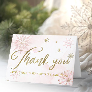 Gold Pink Snowflake Girl Baby Shower Thank You Card