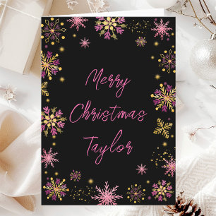 Gold Pink Snowflakes Merry Christmas with Name Holiday Card