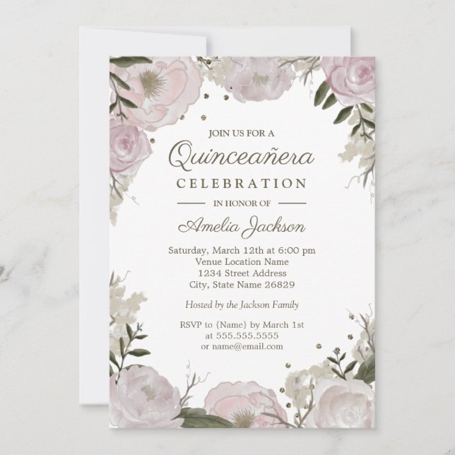 Gold Pink Sparkle Floral Quinceanera Invitation (Front)