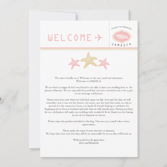 Gold Pink Starfish Jamaica Wedding Welcome Letter (Front)