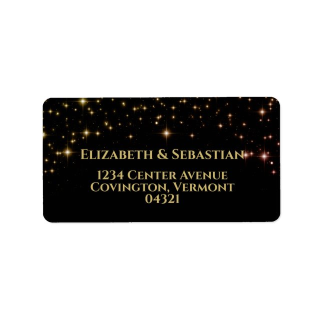 Gold & Pink Stars on Black Wedding Address Label (Front)