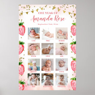 Gold Pink Strawberry First Year Photo Collage Poster
