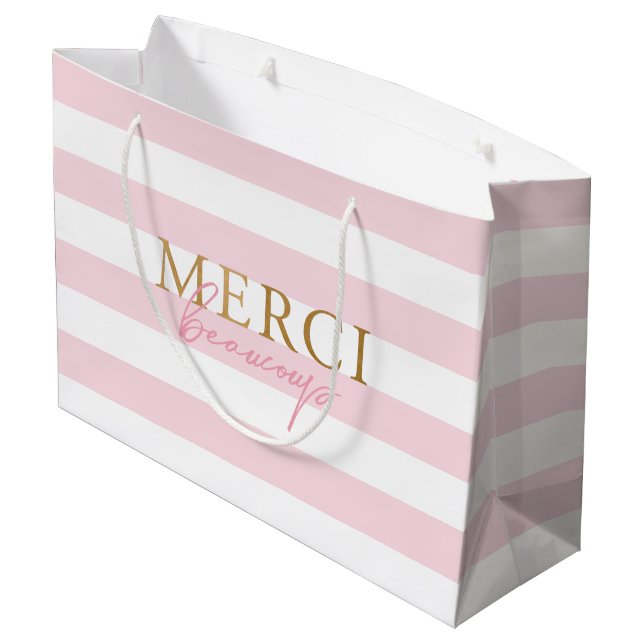 Gold Pink Stripe Merci Beaucoup Thank You Gift Bag (Back Angled)