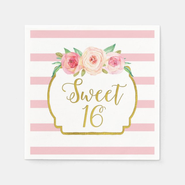 Gold Pink Stripes Flowers Sweet 16 Birthday Napkin (Front)