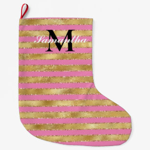 Gold Pink Stripes Monogram Large Christmas Stocking