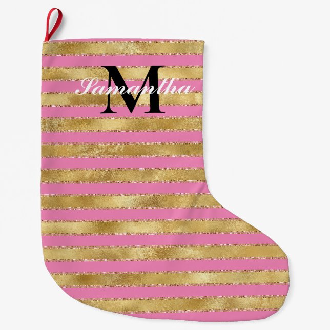 Gold Pink Stripes Monogram Large Christmas Stocking (Front)