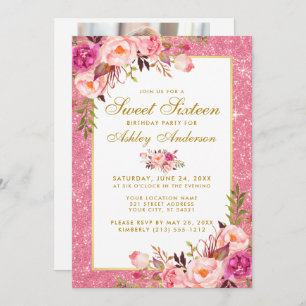 Gold Pink Sweet 16 Birthday Invite Photo Back