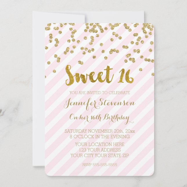 Gold Pink Sweet 16 Birthday Party Invitations (Back)
