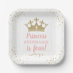 Gold Pink Tiara Crown Birthday Party Square Paper Plate