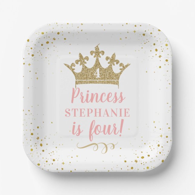 Gold Pink Tiara Crown Birthday Party Square Paper Plate (Front)