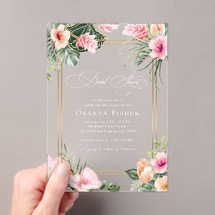 Gold Pink Tropical Beach Destination Bridal Shower Acrylic Invitations