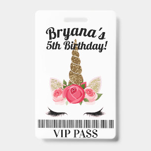 Gold Pink Unicorn Floral Birthday Party VIP PASS ID Badge