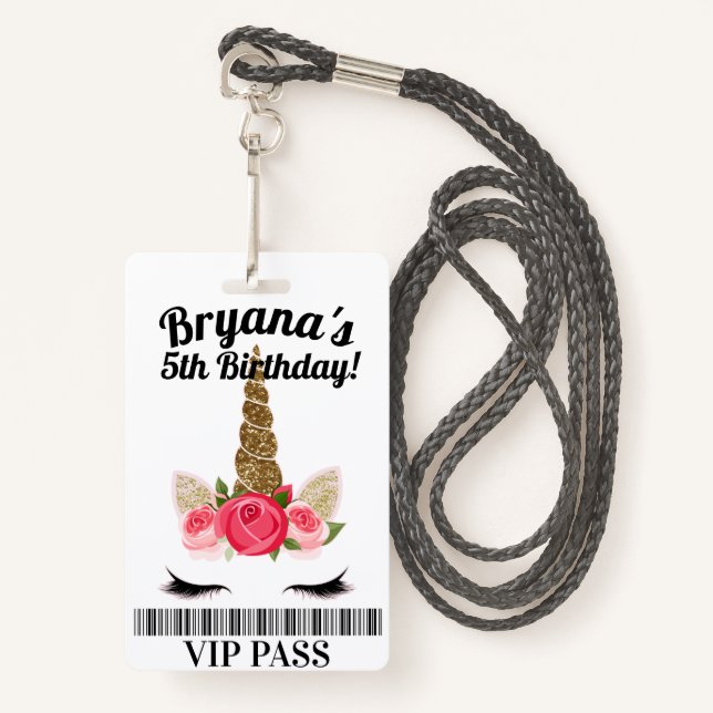 Gold Pink Unicorn Floral Birthday Party VIP PASS ID Badge (Front with Lanyard)