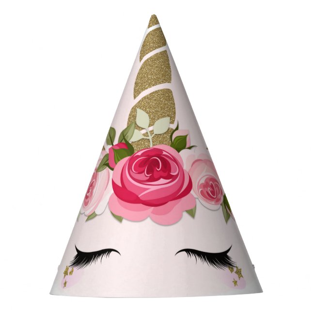 Gold & Pink Unicorn Flower Blooms Birthday Party Party Hat (Front)