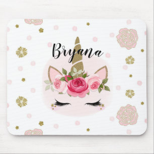 Gold & Pink Unicorn Flower Blooms Trendy Cute Mouse Mat
