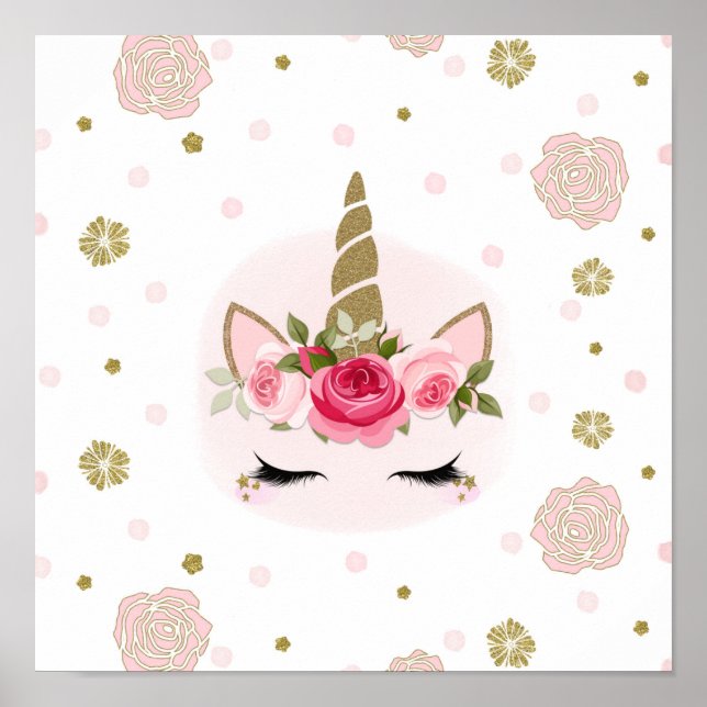 Gold & Pink Unicorn Flower Blooms Trendy Cute Poster (Front)