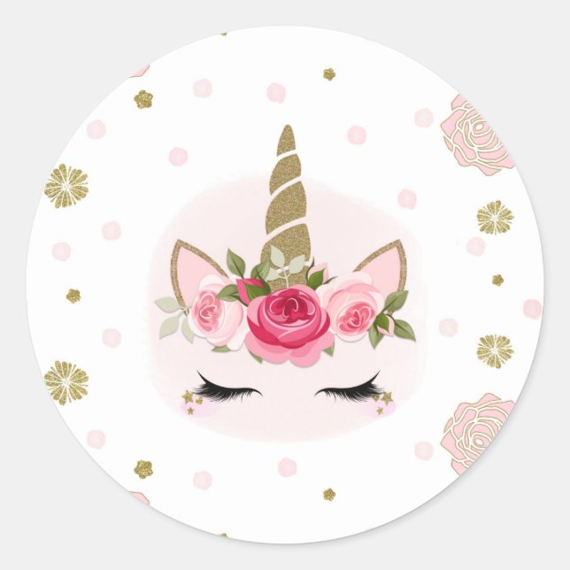 Gold & Pink Unicorn Flower Blooms Trendy Party Classic Round Sticker (Front)