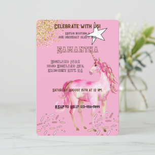 Gold Pink Unicorn Glitter Birthday Invitation