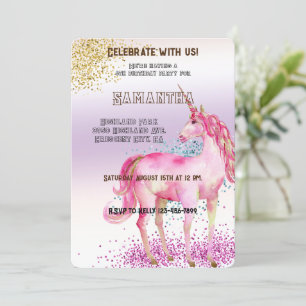 Gold Pink Unicorn Glitter Birthday Invitation